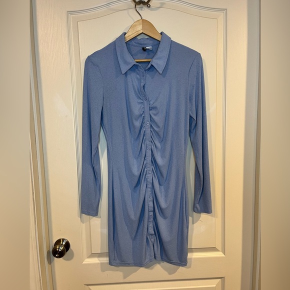 H&M Divided Light Blue Long Sleeve Gathered Button Down Dress - Picture 3 of 8